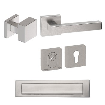 Voordeurset vierkant met knop Quadro en deurkruk Geneve Inox